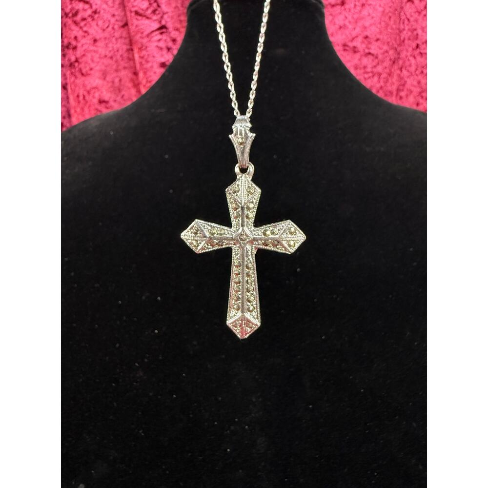 Vintage Jewelry - Dainty Sterling Silver Cross Necklace with Marcasite Inlay
